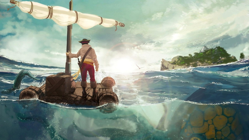 fantasy, boat, standing, preparing, 1080P, daytime, pirate, 1920x1080, illustration, attack, island, looking, kraken, man