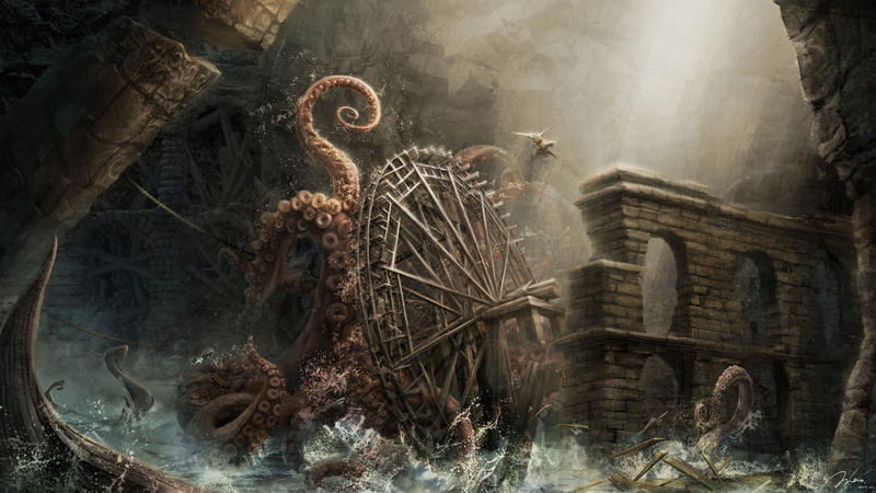 1080P, arch, tentacles, octopus, art, wheel, monster, Kraken