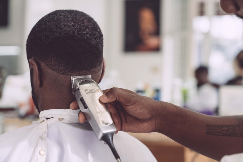 men, cutting, focus on foreground, people, business, hairline, hairdresser, unrecognizable person, young adult, young men, close-up, rear view, barber shop