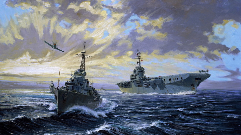 war, aircraft, 1080P, vehicles, boats, military, airplane, art, battle, ships, navy, painting, weapons, ocean, sky, clouds, fighter, sea