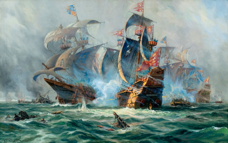 4K, painting, battle, ship, sailing, art, ships, ocean