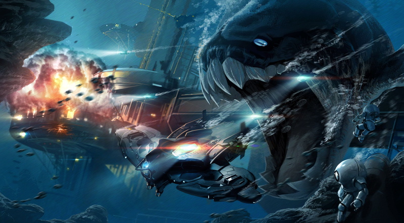 fantasy art, water, surreal, deep sea, attack, lights, underwater, ocean battle, sea, Dunkleosteus, digital art, battle, digital, explosion, laboratories