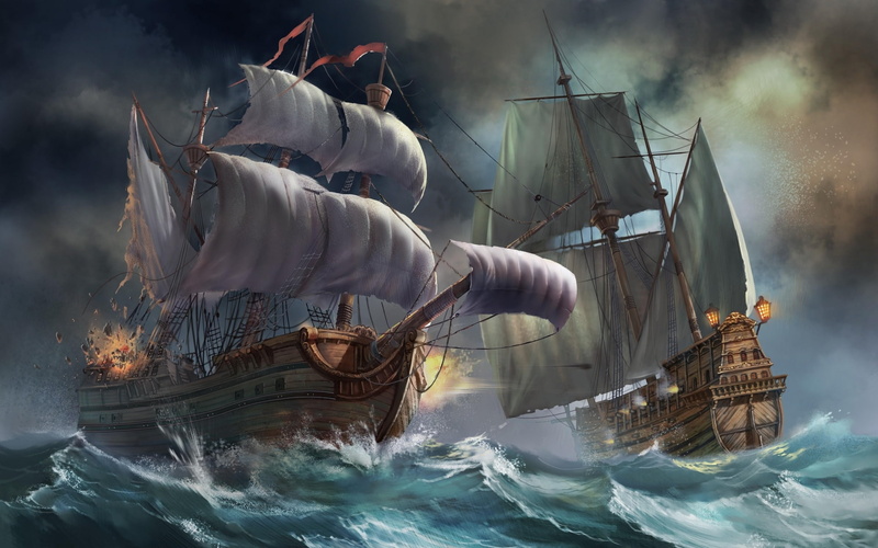 art, battle, 1080P, waves, ocean, war, ships, fantasy