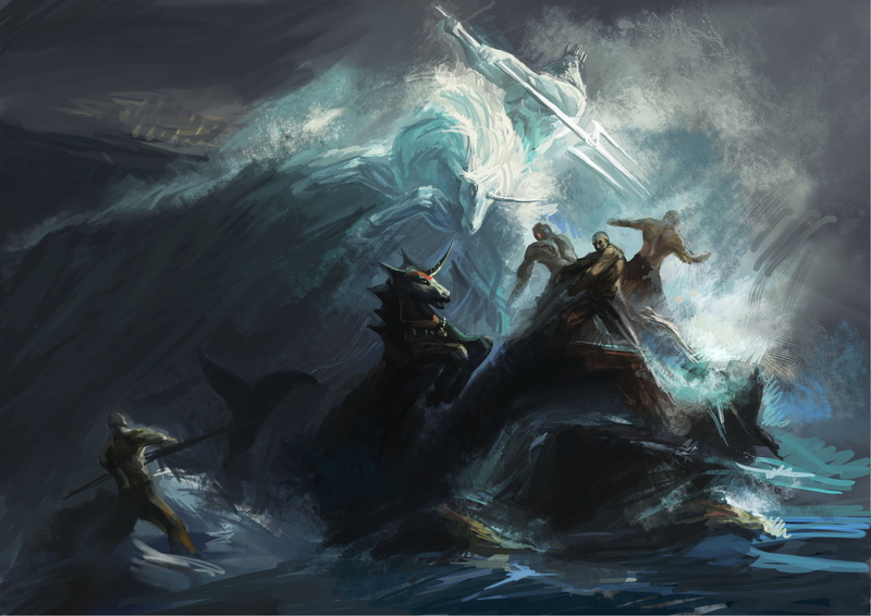 people, battle, ocean, trident, rocks, waves, sea, 4K, storm, art, unicorn, poseidon