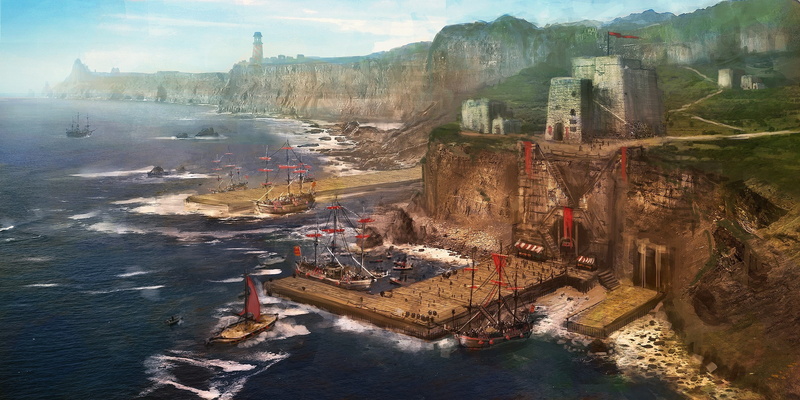 boats, ocean, fantasy, Landscapes, fort, paintings, sea, art, houses, harbours, fantasy art, lighthouses, ships, hd, architecture, 1080P