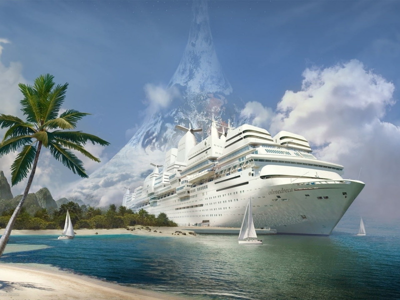 720P, art, ba, Clouds, abstract, ships, coast, palm, ocean, paradise, trees, ringworld, sea, digital, fantasy, hd, beach, tropical