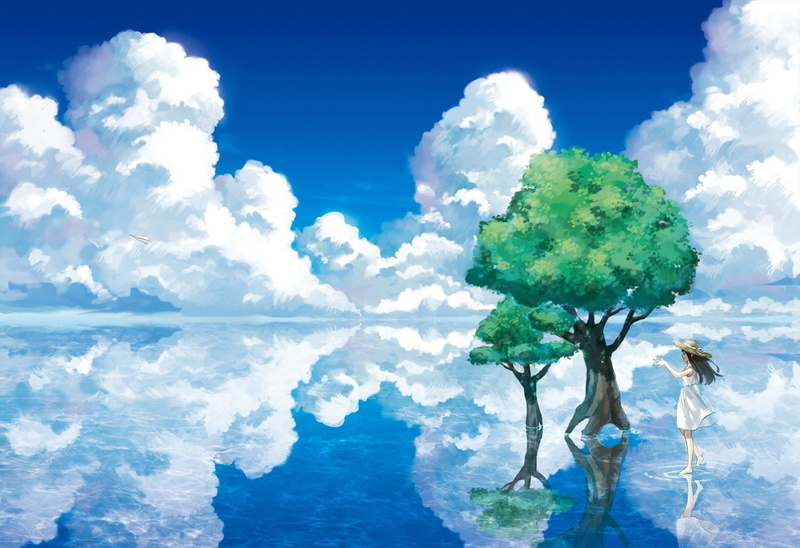 hd, water, 1920x1314 px, art, x, Clouds, dress, 1080P, white dress, tail, Sun Hats, anime, sun, hats, fairy, sky, fantasy, white, px, Trees, fantasy art