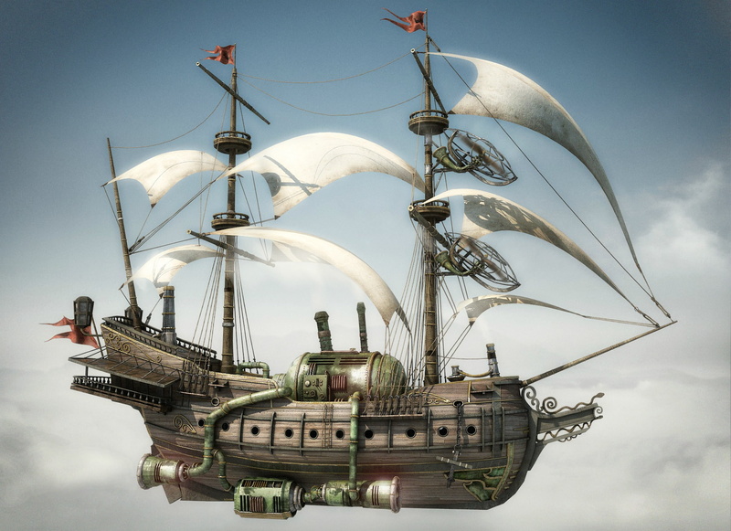 720P, steampunk, px, flight, aircrafts, x, hd, art, mechanical, ships, Clouds, sky, Airplane, entertainment, 1850x1343 px
