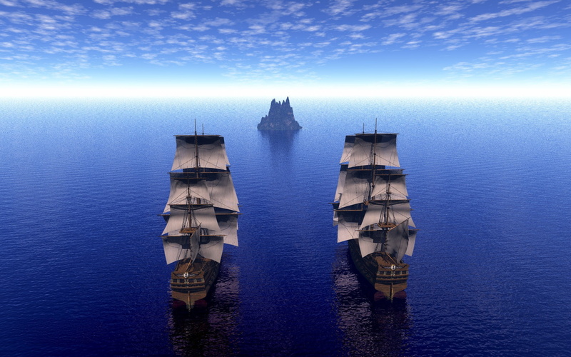 twin, ocean, 1080P, Clouds, ships, nature, art, oceans, Blue, sky, hd