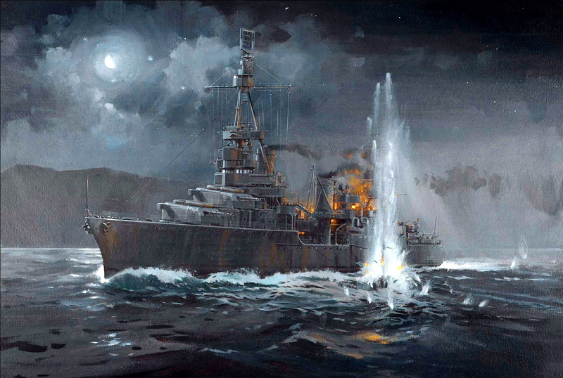 gray, no people, destruction, the left side, splashing, 30 Nov 1942, cold temperature, sea, pollution, torpedoing, cloud - sky, cruise, fire, transportation