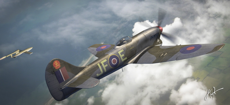 figure, doodlebug, the sky, on the move, The Hawker Tempest, airplane, motion, sky, antique, mode of transportation, gray, fighter, cloud - sky, 4K, German