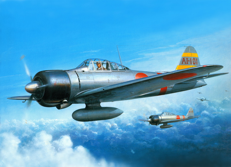 air vehicle, on the move, figure, transportation, gray, art, A6M2, Mitsubishi, fighter plane, Zero-Sen, war, Japanese, blue, day, outdoors, clouds, motion