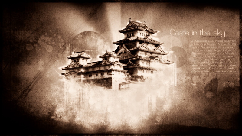 textured effect, traditional art, Himeji Castle, fog, smoke - physical structure, no people, artwork, parchment, paper, painting, nature, religion, vignette