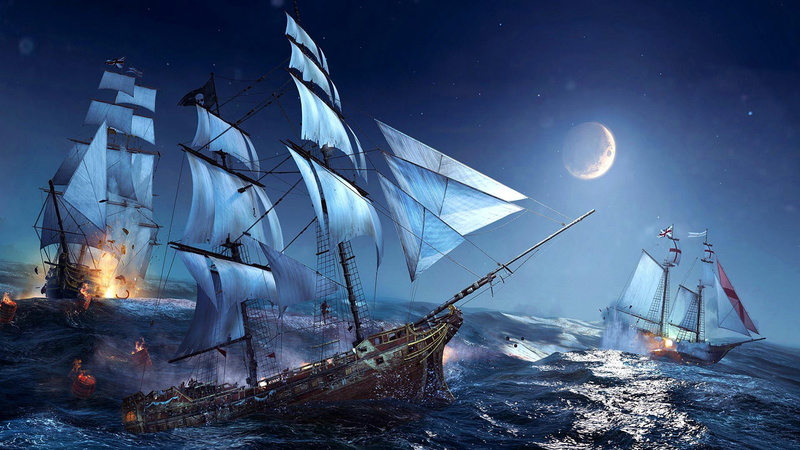 moon, pirate ship, waves, ship, water, sea, fantasy art, 1080P, fantasy, wave