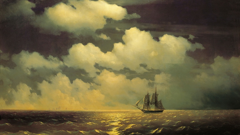 clouds, sailboat, light, moon, nature, aivazovsky, painting, mercury, night, sea, 1080P, sky
