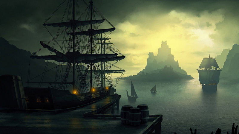 Ships, skies, art, 1080P, barrels, ocean, water, mountains, Port, sunset, Harbor, digital, clouds, Caravel, sea, Sails, Piers