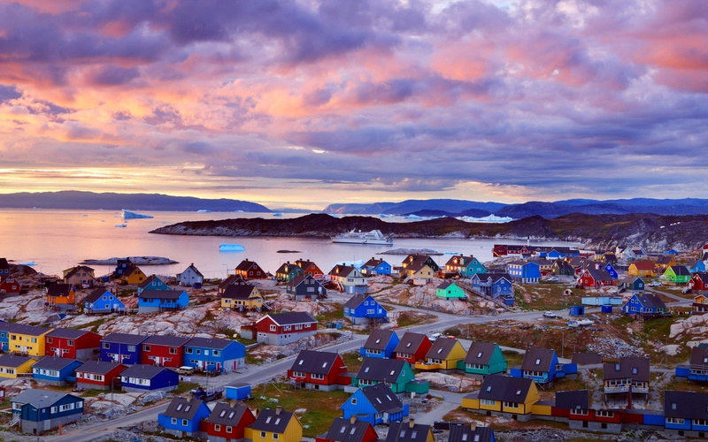 Greenland, 1080P, Colorful, Dusk, Houses, Clouds, Mountains, Coast