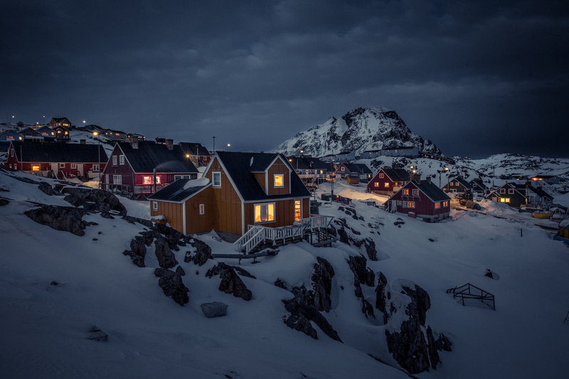 landscape, night, lights, mountains, Greenland, house, 1080P, overcast, town, dark, snow