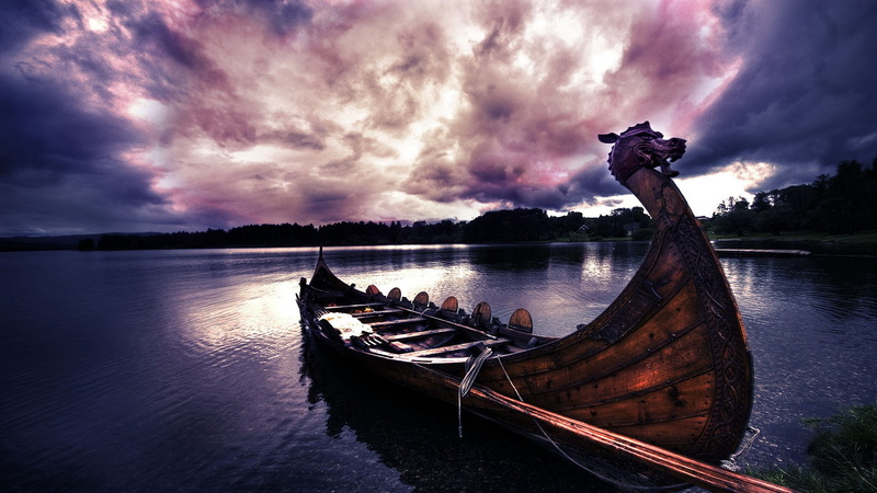 filter, sunlight, wood, boat, longships, dragon, Vikings, forest, trees, river, clouds, 1080P, nature, water