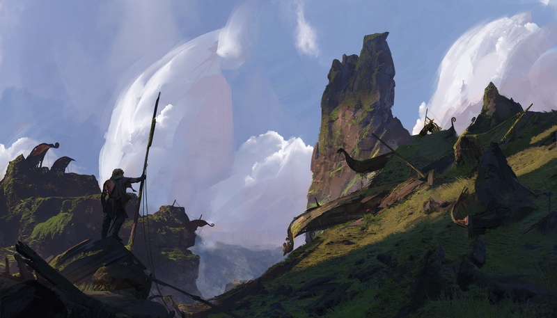 Pablo Dominguez, Vikings, mountains, fantasy art, 1080P, longships