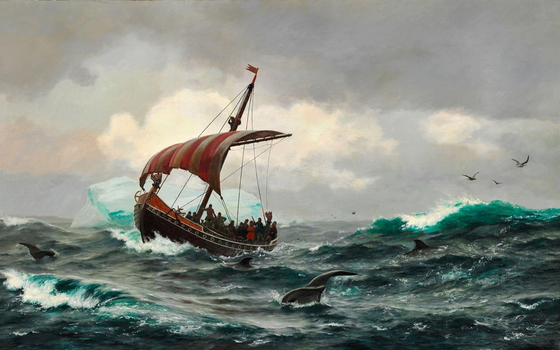 1080P, vikings ship longships sailing ship sea waves artwork greenland iceberg