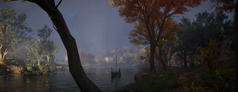 water, Assassins Creed: Valhalla, trees, video games, landscape, 2K, boat, PC gaming, sky, Assassins Creed, fall, longships
