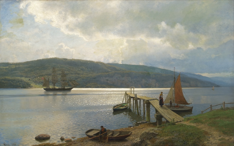 boat, Norway, 4K, sea, sailing ship, nature, painting, people, clouds, pier, ship, classic art, landscape, artwork, traditional art, hills, Hans Fredrik