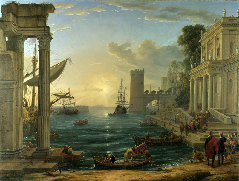 picture, boat, the city, sea, 2K, Claude Lorrain, the sky, people, The Embarkation of the Queen of Sheba, landscape