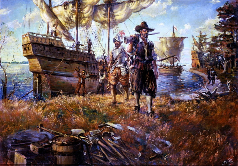 .first, picture, the British, oil, canvas, mouth, Chesapeake, ships, shore, Bay, 1080P, the colonists, Jamestown