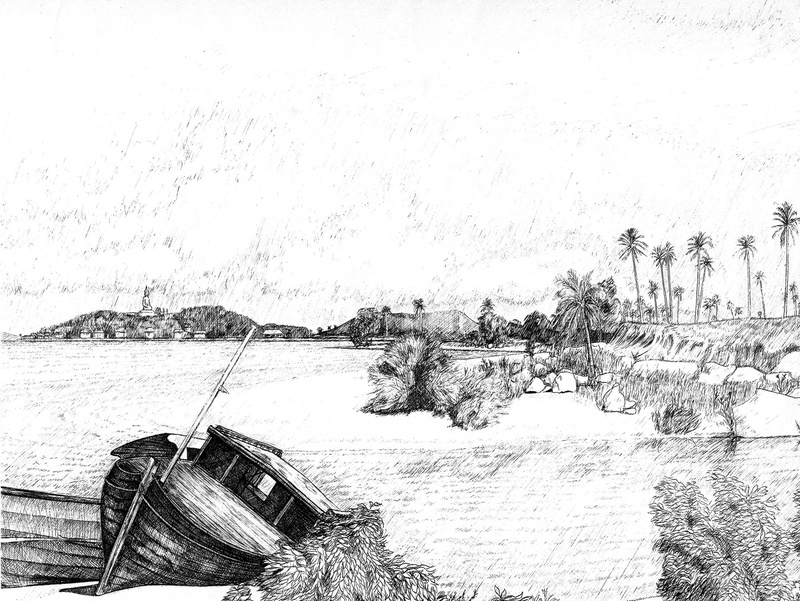 water, art, mode of transportation, drawing - Art Product, 1080P, trees, illustration, landscape, black, sea, retro Styled, land, history, painted Image