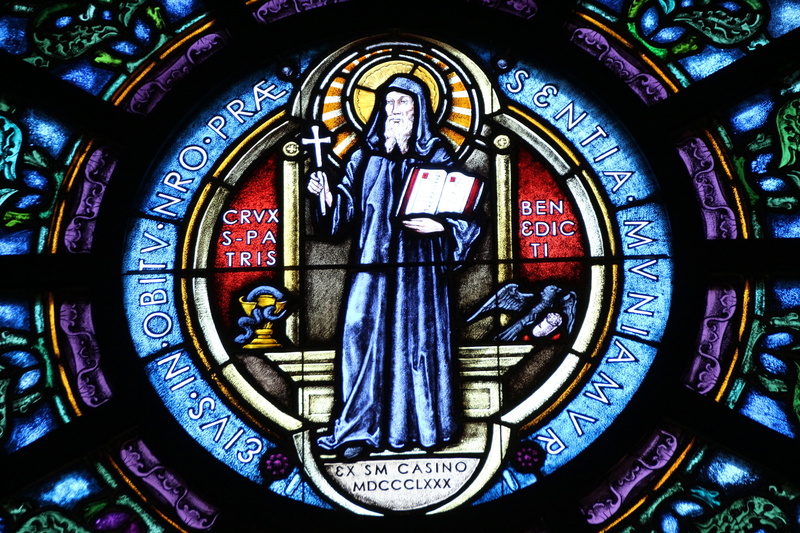 4K, ornate, indoors, stained glass window, spirituality, place of worship, glass, stained glass, catholic, male likeness, creativity, saint benedict, united states