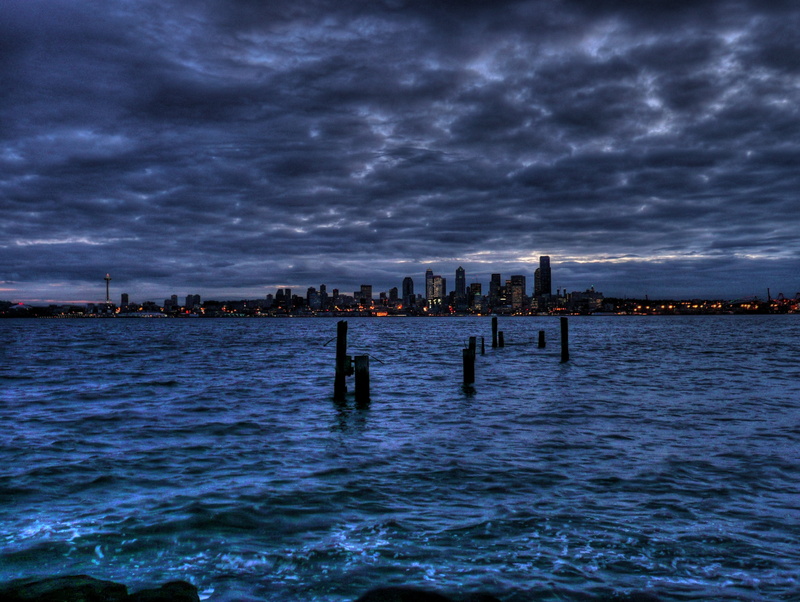 alki  beach, sound, skyline, seattle  washington, pacific, body of water, seattle, water, landscape, 2K, nighttime, city, harbor, body, morning, cityscape