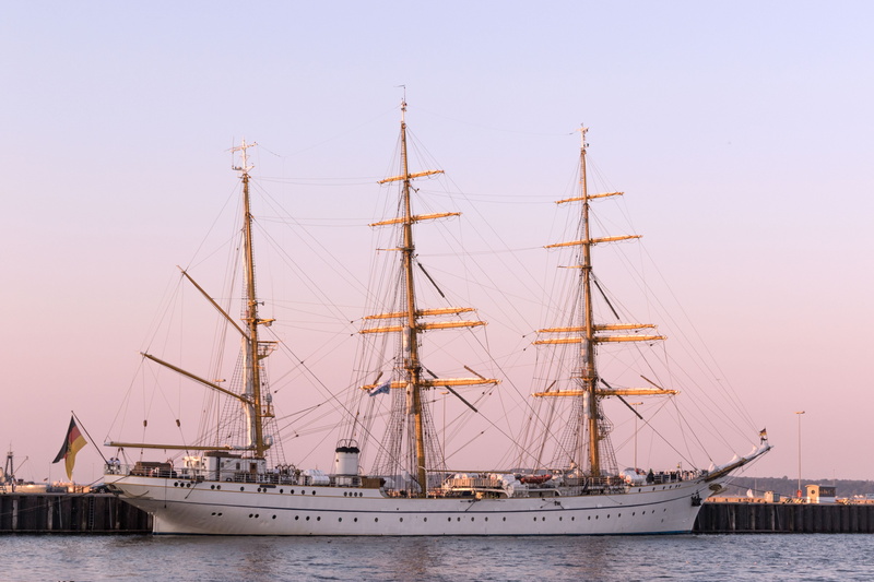 port, kiel, transportation, pole, mode of transportation, gorch fock, ship, outdoors, water, sky, architecture, sailboat, afterglow, no people, sailing ship