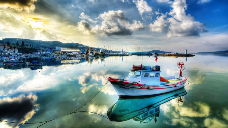 boats, beach, transportation, tourist, vacation, tranquility, harbour, scenics - nature, reflection, mountain, landing, ship, bay, cloud - sky, nautical vessel