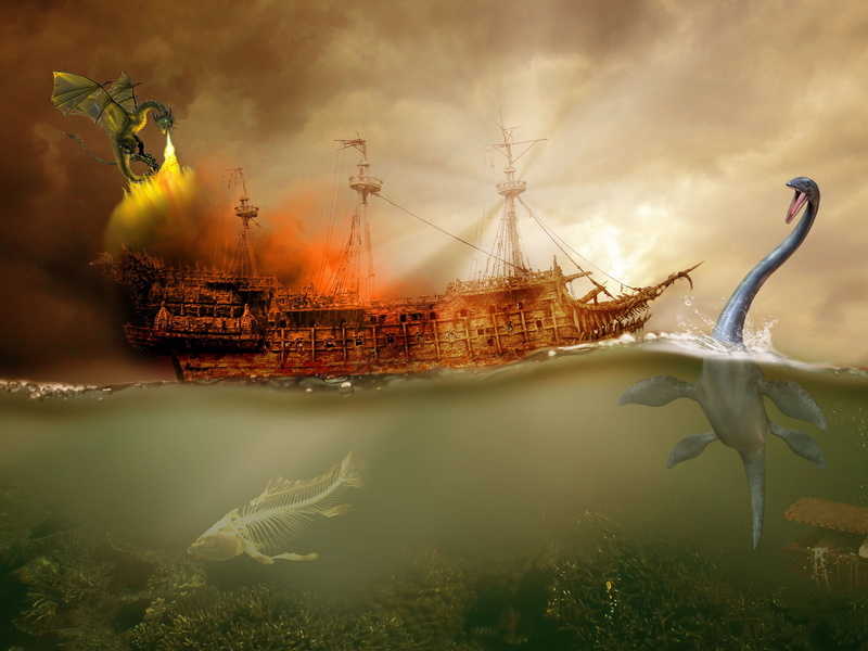 travel, surrounded, 2K, freight transportation, sailboat, sail, mode of transportation, digital composite, water, painting, animal themes, sea monster