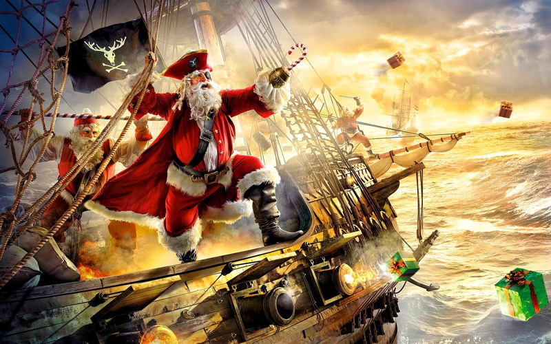 pirate, 3d and abstract, santa claus, 1080P, a frigate, santa, pirates