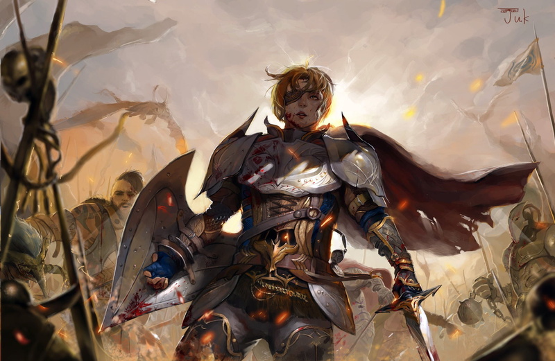 soldiers, dragon, battle, girl, fantasy, spears, knight, shield, blood, blindfold, sword, Warrior, armor, pennants, artwork, 1080P, weapons, war, fantasy