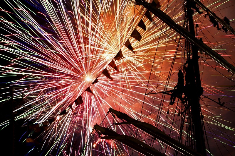 firework - man made object, sail, tall, usa, exploding, glowing, pennants, war of 1812, celebration, burst, sky, ferris wheel, ship, nature, low angle view