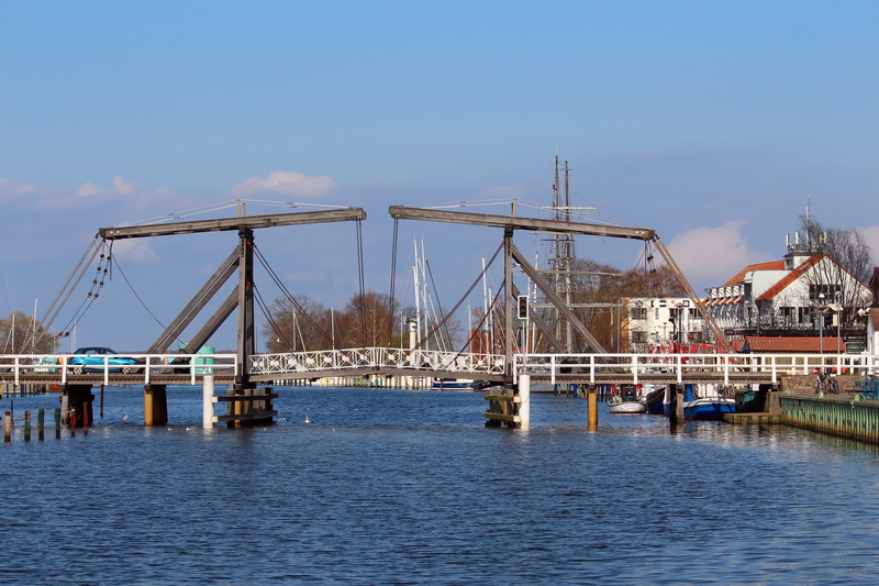 blue, tourism, greifswald wieck, connection, bridge - man made structure, water, boats, historical bridge, historic preservation, vacations, port, eldena