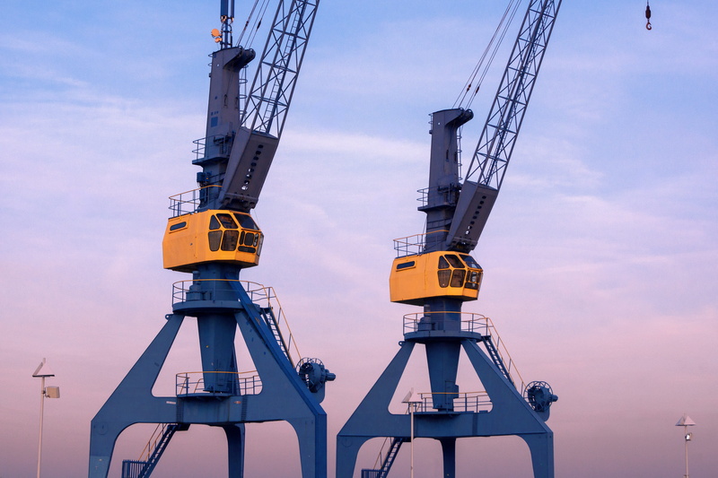 port, crane, coast, working, water, northern germany, goods, construction site, portal crane, industry, construction industry, mecklenburg western pomerania
