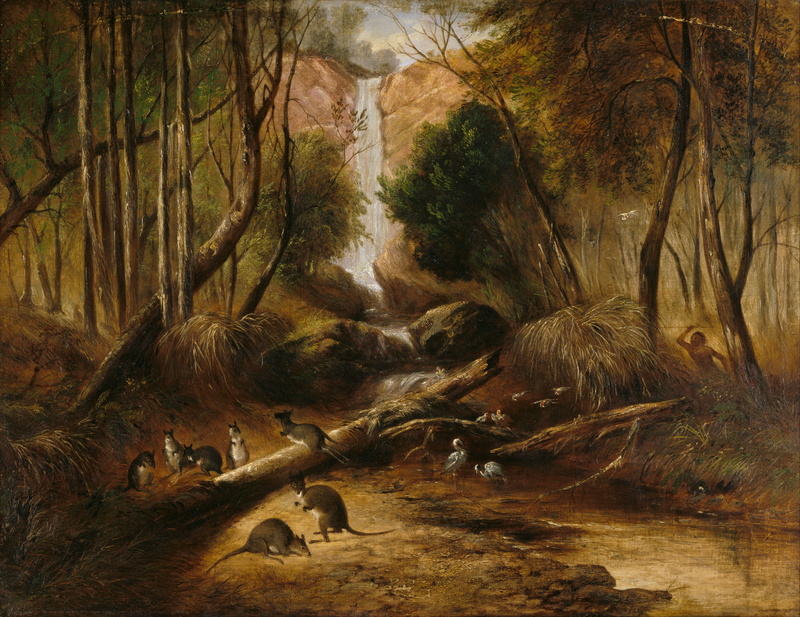 reflection, plants, nature, sky, clouds, artistry, tranquil scene, painting, group of animals, tree trunk, john prout, countryside, hunter, Waterfall, waterfalls