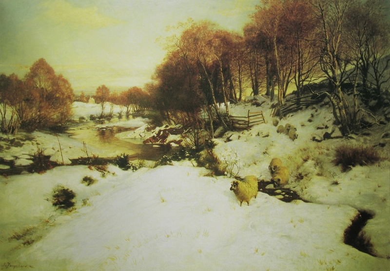 forest, woods, countryside, joseph farquharson, oil on canvas, 2K, scenics - nature, plant, clouds, cold temperature, nature, winter, tranquility, day
