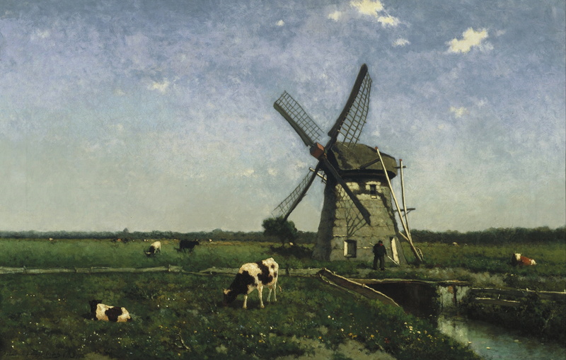 johannes-hendrik-weissenbruch, day, animal, alternative energy, country, outdoors, landscape, painting, animal themes, cow, windmill, water, black, standing