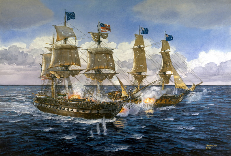 battle, sky, 2K, no people, cloud - sky, painting, brown, outdoors, illustration, ships, artist, nature, water, waterfront, Tom Freeman., guns, bursts