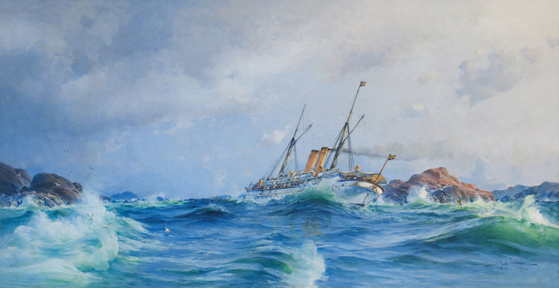 sailing, beauty in nature, transportation, artist, steam frigate, wave, pencil, art, 2K, sky, Swedish polupostelnyj sailing, day, waterfront, cloud - sky