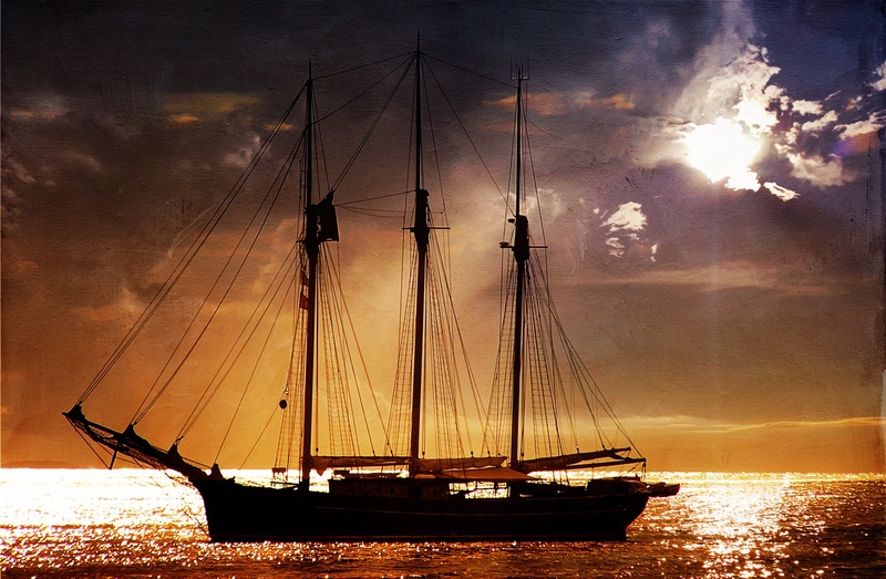 transportation, landscape, digital painting, lake, ship, wave, mode of transportation, water, sailboat, travel, sailing ship, clouds, sunset, no people