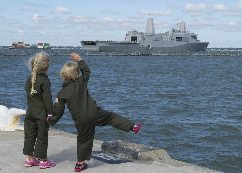 pier, black suit, sea, positive emotion, ocean, leisure activity, duty, water, children, navy, amphibious transport dock, front, rear view, nautical vessel