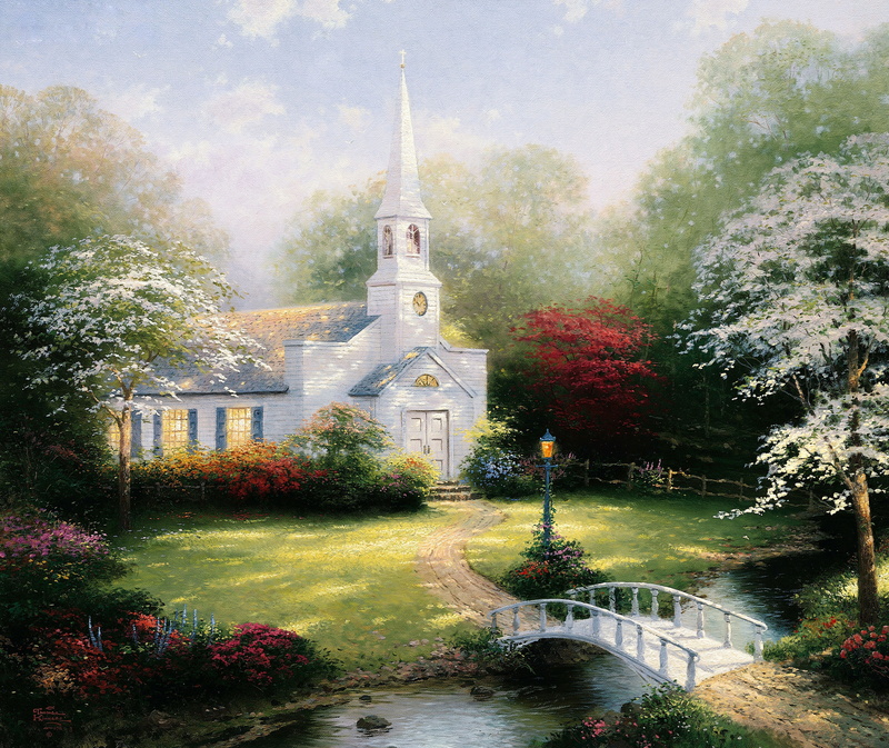 no People, paintig, spire, painting, figure, nature, outdoors, Hometown Chapel, growth, famous Place, picture, white, spirituality, grass, garden, cross