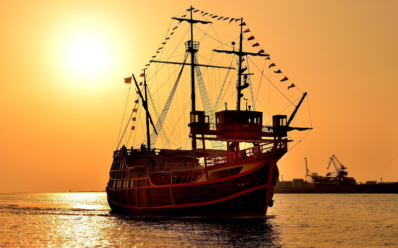 sailboat, Santa Maria, 2K, three-masted Carrack, sunset
