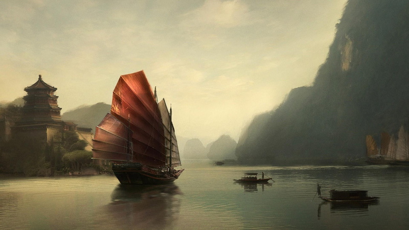 sailboat, schooner, sea, old china, tranquil scene, dream, fantasy art, day, sailing, scenics - nature, fog, boat, waterfront, outdoors, sky, landscape